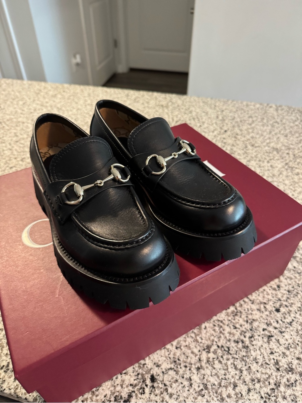Gucci Black Leather Horsebit Lug Sole Platform Loafers